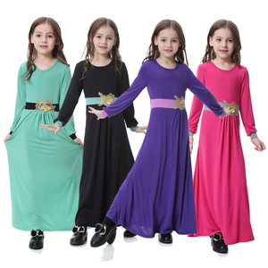 Arabic Crew Neck Breathable Elastic Applique Muslim Islamic Kids Clothing Dress Girls Abaya