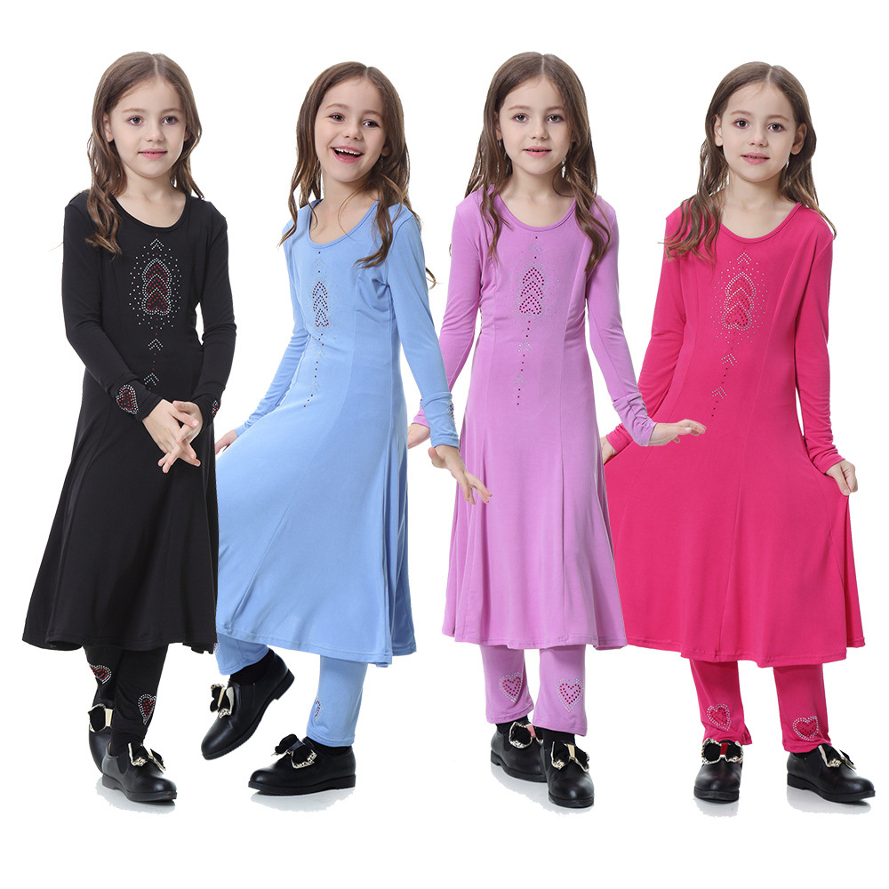 Children Maxi Full Length Long Sleeve Muslim Islamic Kids Abaya Suit Baby Girls Clothes Set