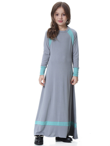 Dubai Crew Neck Breathable Elastic Cuff Color Stitching Muslim Islamic Kids Clothing Dress Girls Abaya