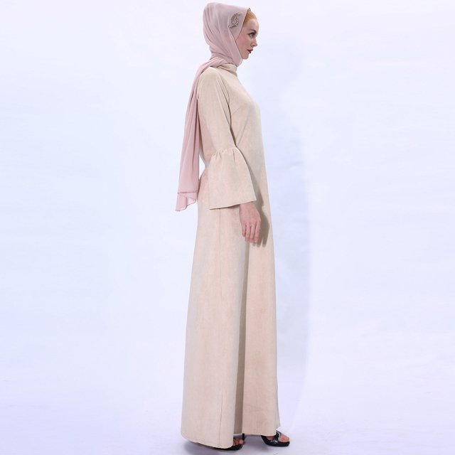 2021 Dubai Modest Islamic Winter Clothing Solid Color Long Sleeves Dress Muslim 