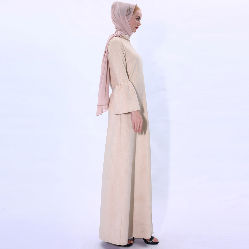 2021 Dubai Modest Islamic Winter Clothing Solid Color Long Sleeves Dress Muslim 