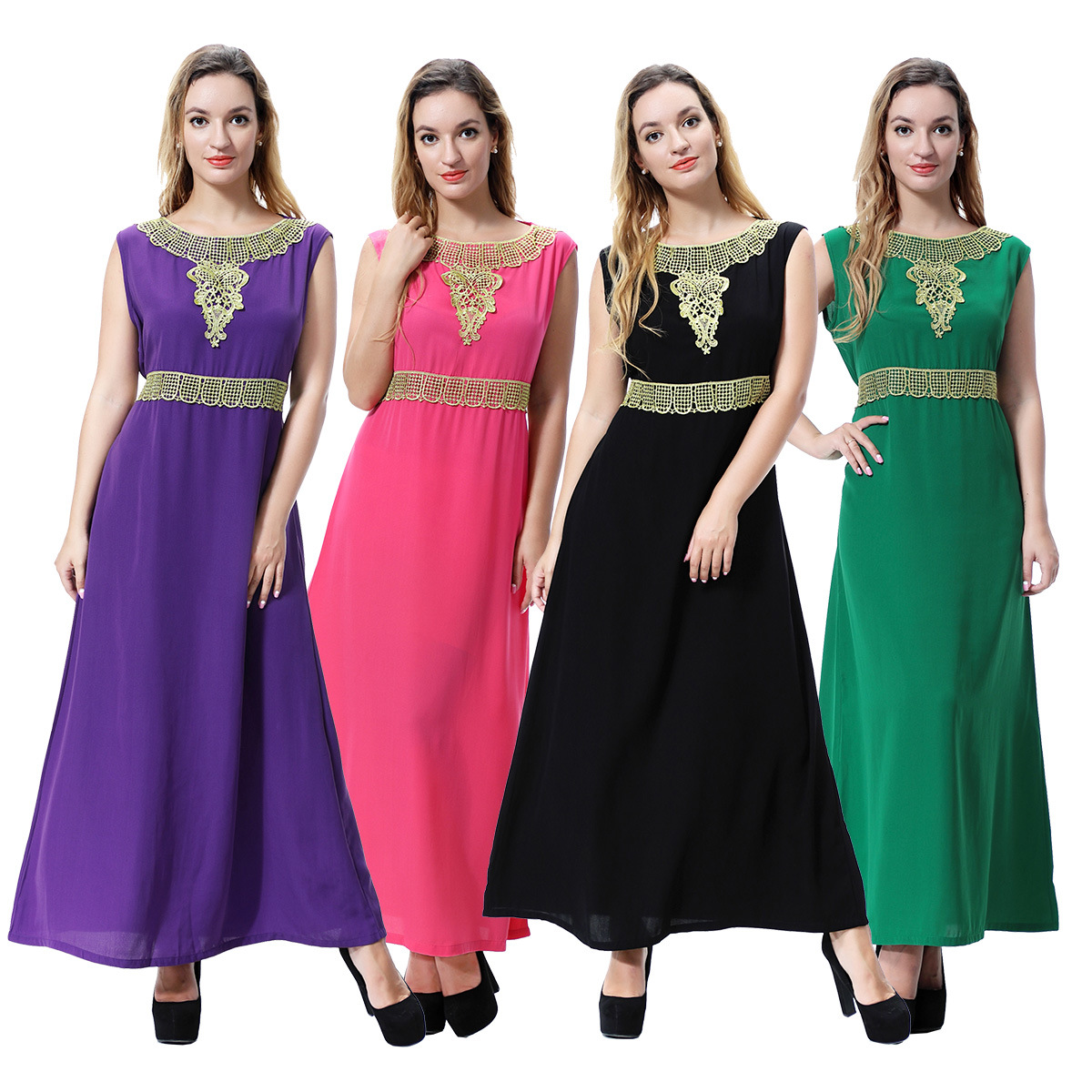 Dubai Round Neck Breathable Long Sleeve Chiffon Muslim Islamic Women Abaya Dresses Clothing