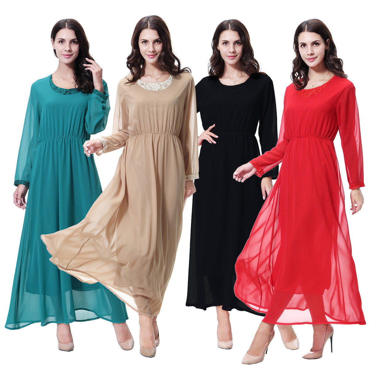 Designs Dubai Crew Neck Double Chiffon Breathable Muslim Islamic Women Abaya Dress Clothing
