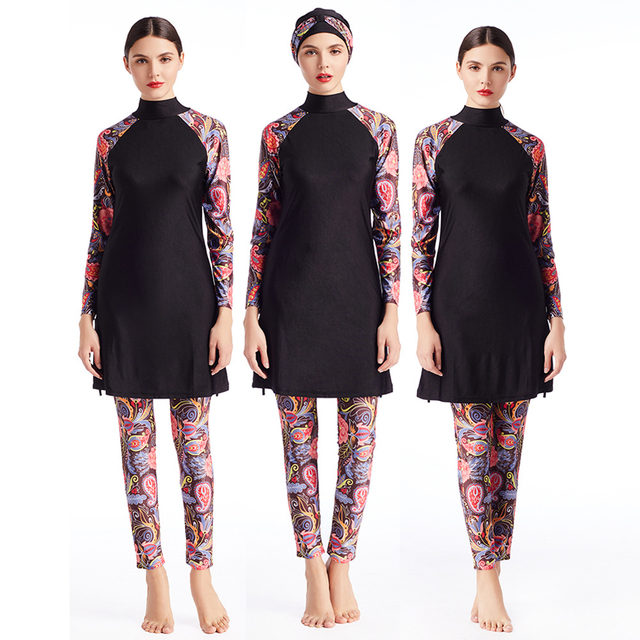 Hot Sale Printed Sportswear Three-piece Hooded Swimsuit Conservative Swimwear