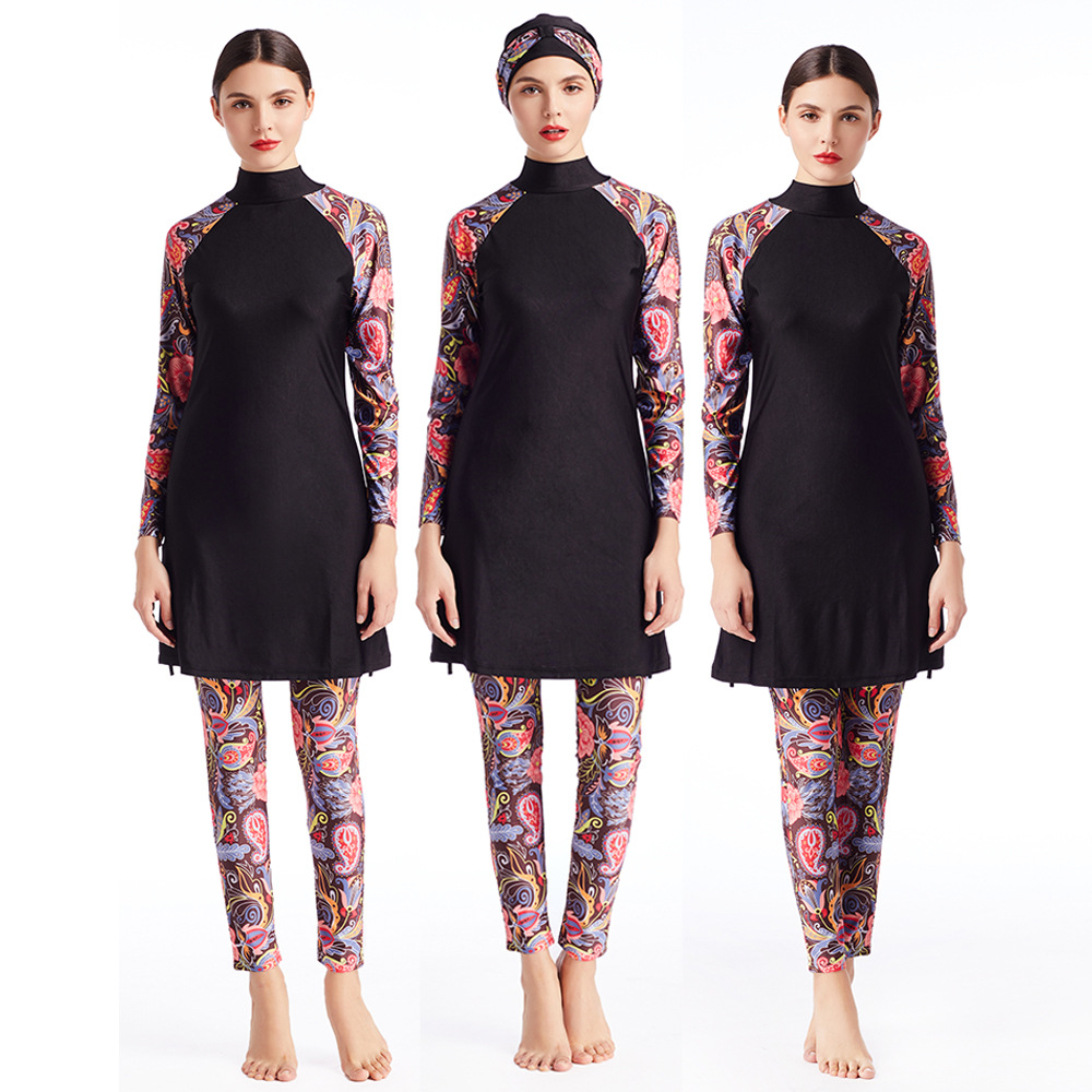 Hot Sale Printed Sportswear Three-piece Hooded Swimsuit Conservative Swimwear