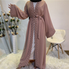 Middle East Kimono Elegant Pure Color Beaded Muslim Modest Cardigan Open Abaya