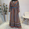2021 Modest Muslim Islamic Women's Color Striped Print Abaya with Big Sew Maxi Dress