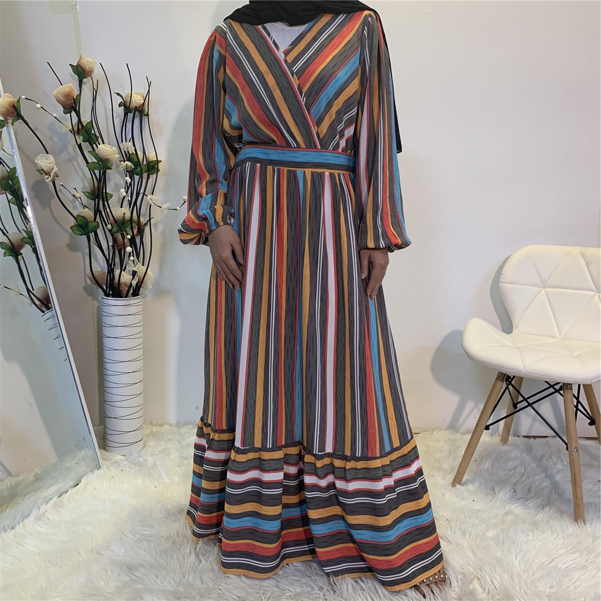2021 Modest Muslim Islamic Women's Color Striped Print Abaya with Big Sew Maxi Dress