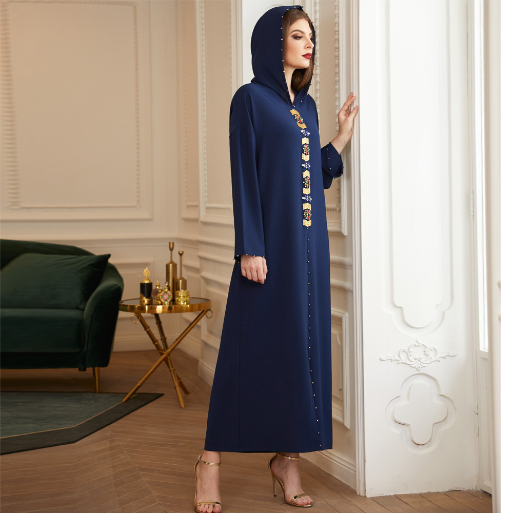 Morocco Beading Gold Tube Muslim Islamic Abaya WIth Hood Modest Abaya (8)