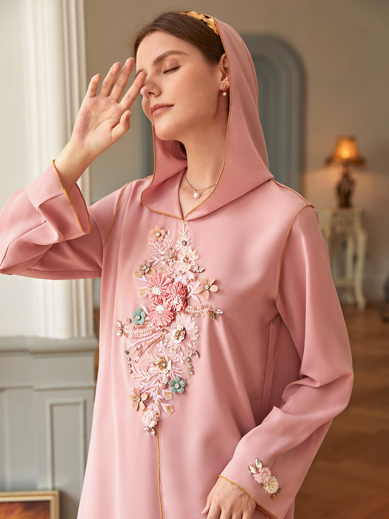 Latest Handmade Floral Hooded Muslim Islamic Abaya Modest Maxi Dress (13)