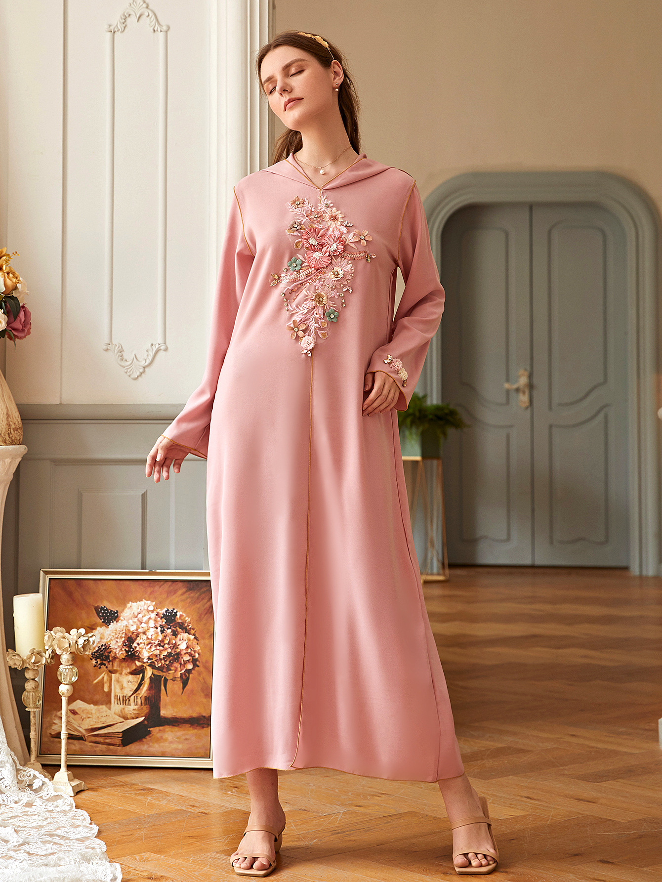 Latest Handmade Floral Hooded Muslim Islamic Abaya Modest Maxi Dress