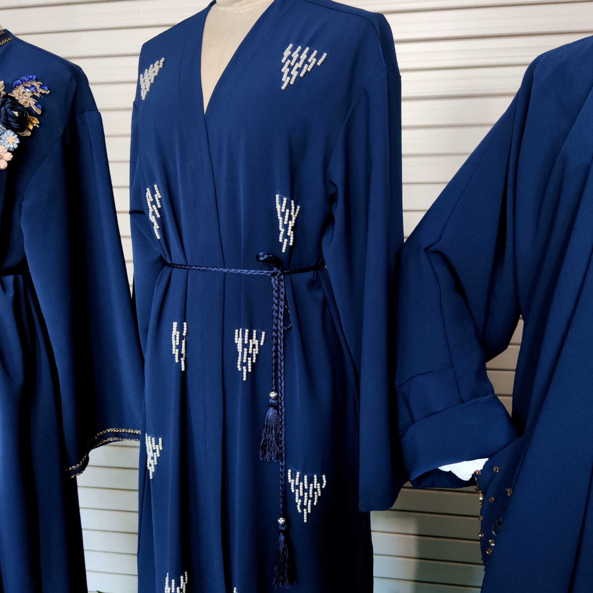 Amazon Hot Sale Handmade Pearls Muslim Islamic Open Abaya Kimono Maxi Dress (7)