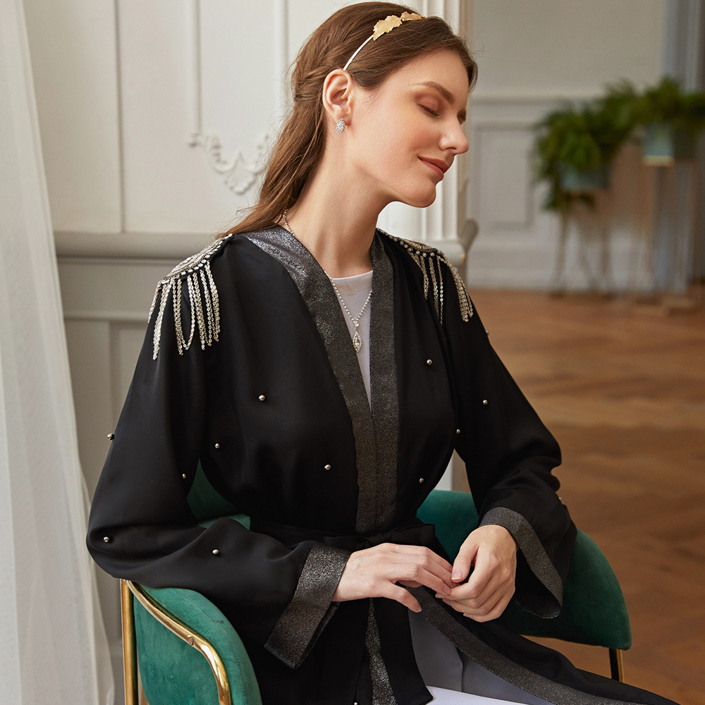 Fashion Epaulettes Beading Muslim Islamic Modest Open Abaya Cardigan