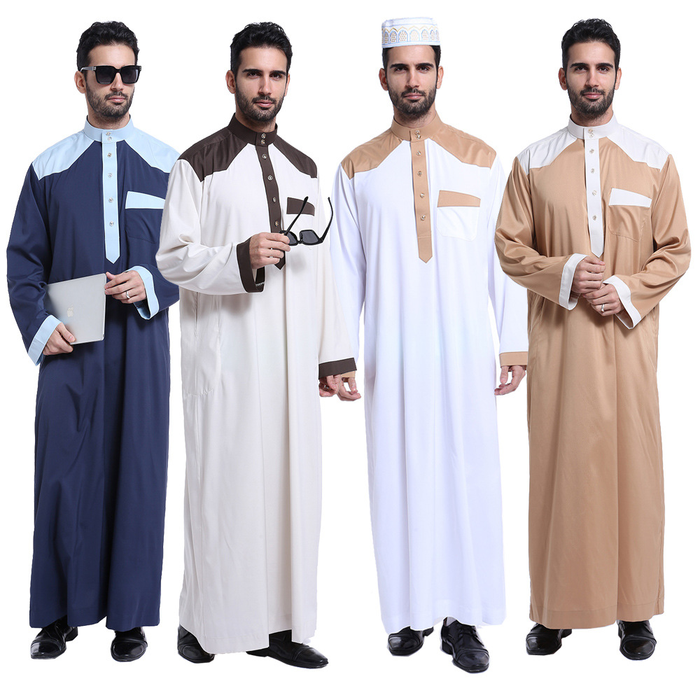 Dubai Embroidery Material Breathable Summer Long Sleeve Muslim Islamic Men Clothing Robe Arab Thobes