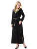 Black V-Neck Applique Breathable Long Sleeve Solid Muslim Islamic Women Abaya Dress Clothing