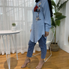 2022 Spring And Autumn Muslim Fashion Women's Casual All-match Embroidered Lapel Long-sleeved Slim Plus Size Denim Top