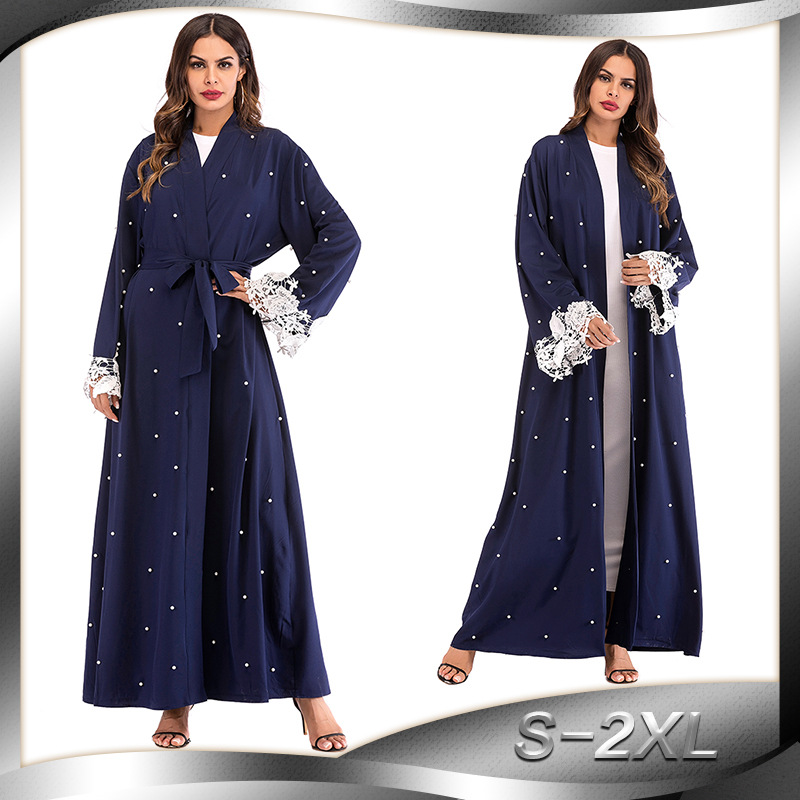 European And American Muslim Beaded Lace Stitching Cardigan Lace Robe Women