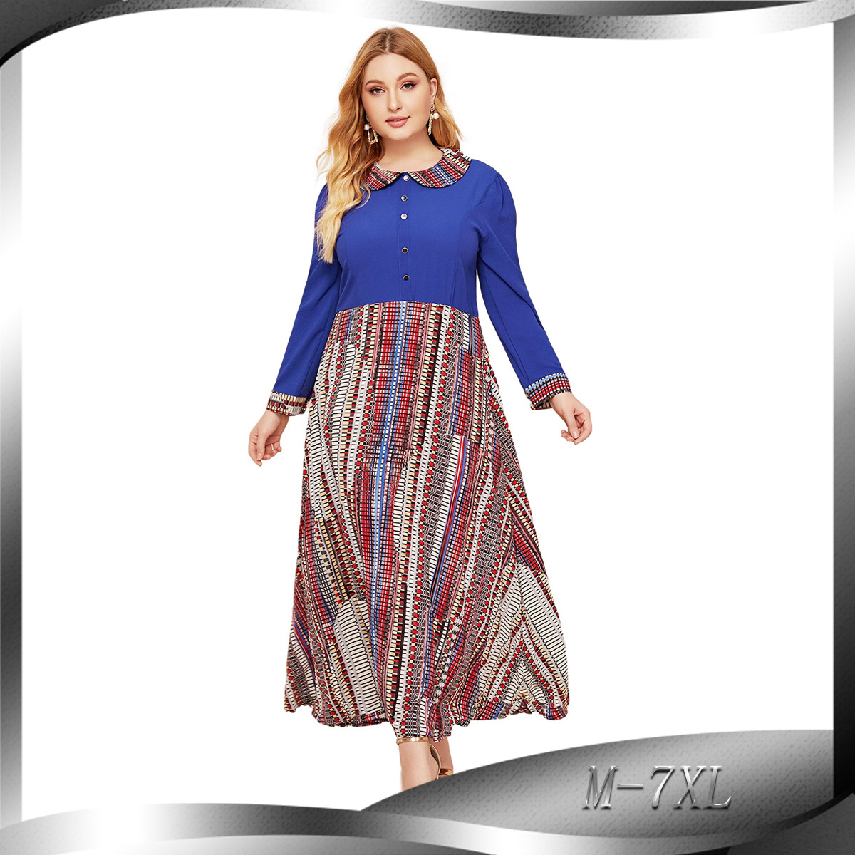 European Islamic Dubai Hot Sale Fashion Women's Blue Print Stitching Muslim Dress