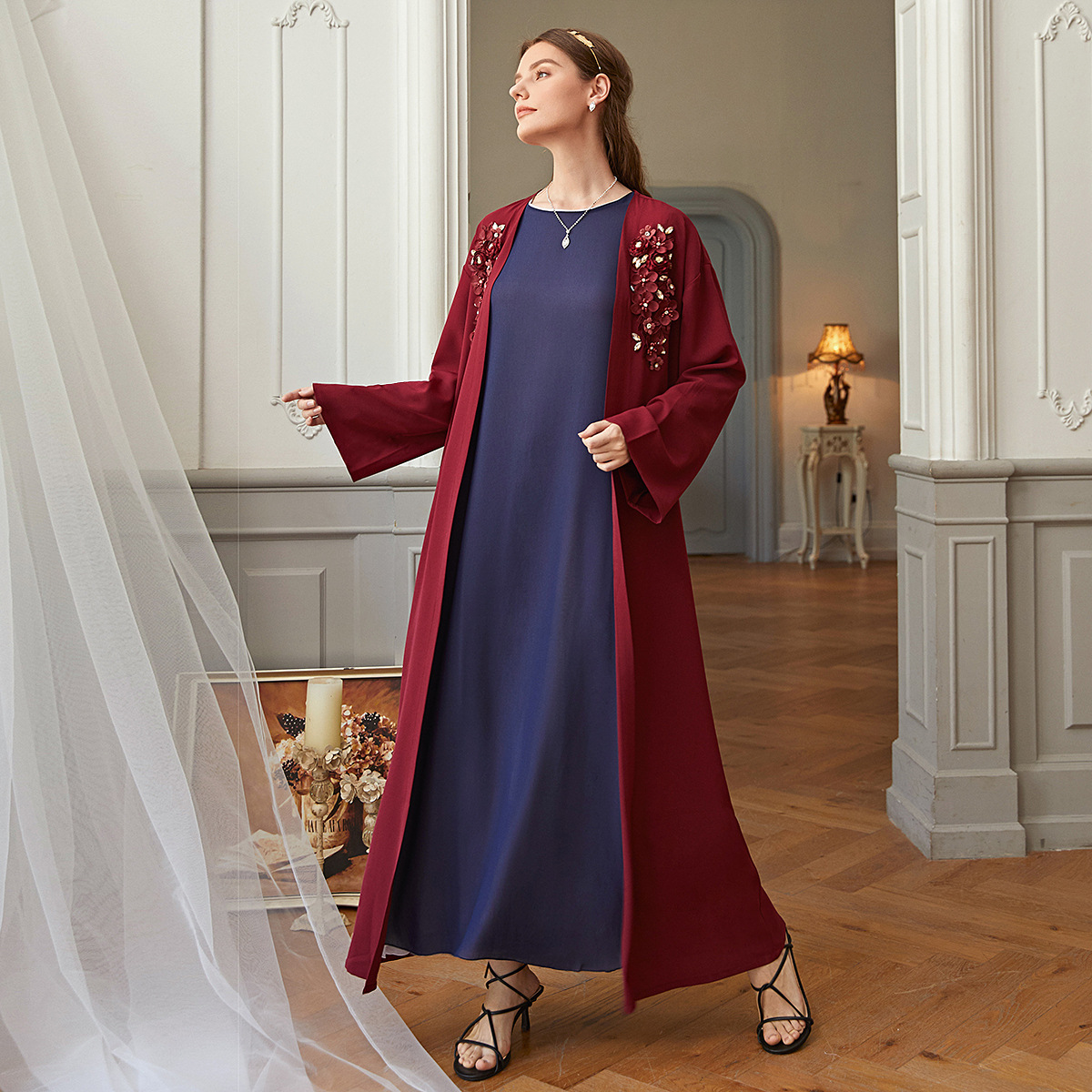 Modest Fashion Dark Red Best Selling Islamic Muslim Robe Maxi Dresses Loose Open Abaya