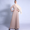 Autumn New Style V-neck Long-sleeved Dress with Waist Cross-tie Chiffon Solid Color Muslim Female Dress