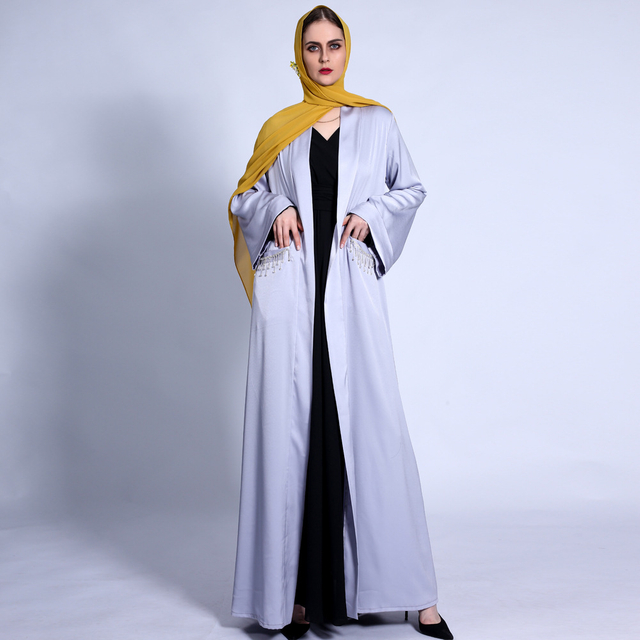 Ramadan Pure Color Wide Cuff Satin Cardigan Lace-up Tassel Diamond Pocket Dubai Middle Eastern Robe Female Cross-border