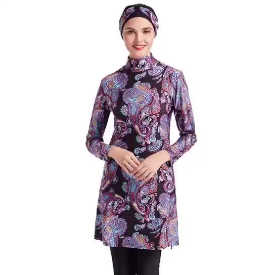 2022 Muslim Three-piece with Hats Cloak Beach Casual Clothing Printed Plus Size Swimsuit Swimsuit Conservative Swimsuit Headscarf 