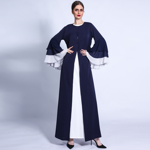 Autumn and winter new Muslim women's long skirt color matching three-layer chiffon wave sleeves with open dress