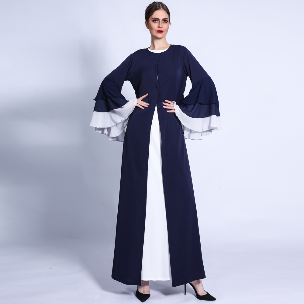 Autumn and winter new Muslim women's long skirt color matching three-layer chiffon wave sleeves with open dress