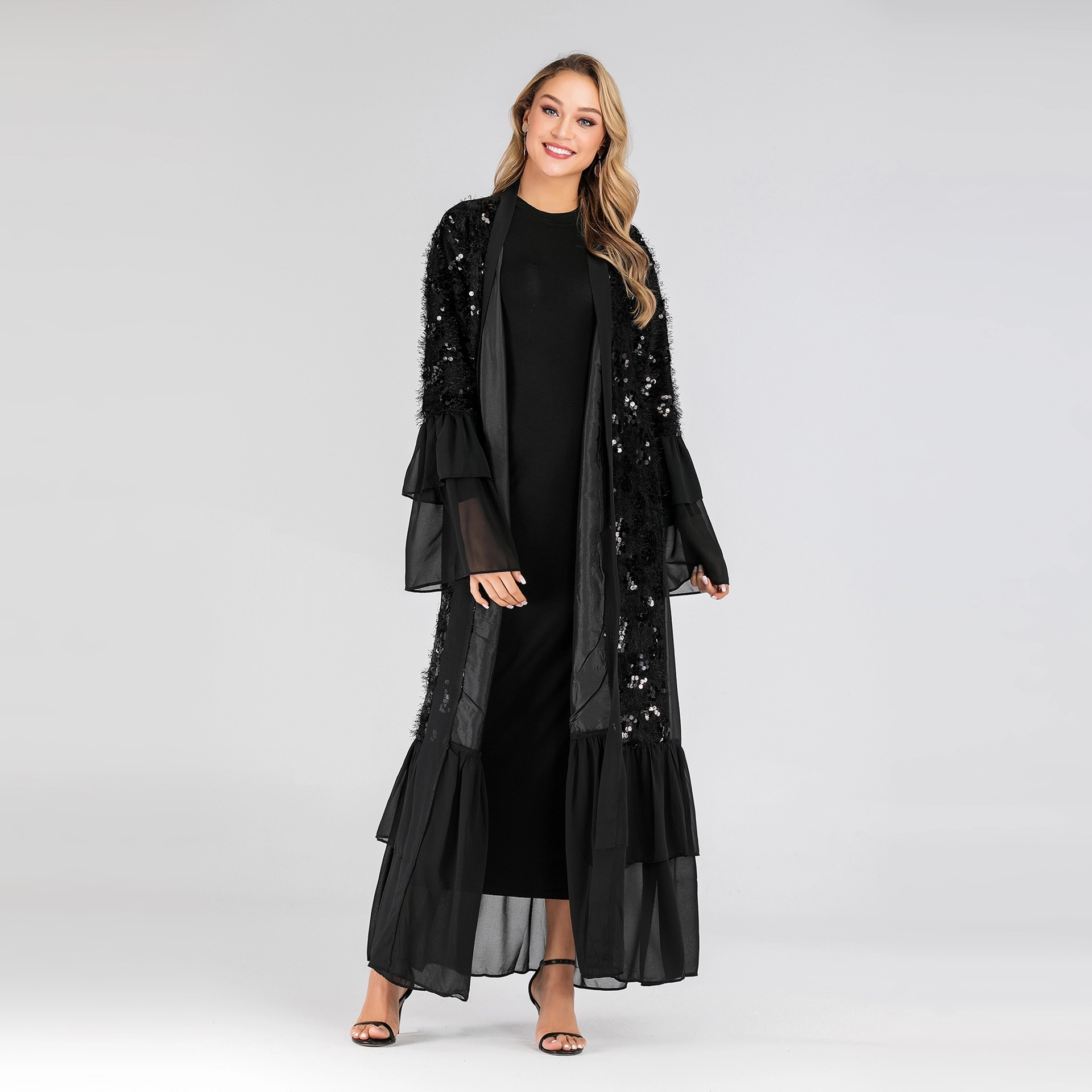 AliExpress Amazon Hot Sale New Sequined Robe Chiffon Trumpet Sleeve Muslim Cardigan