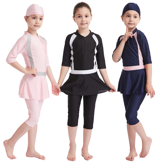  Islamic Clothing Sportswear Swimwear Girl 2021 Fashion Modest 3 Pieces Kids Fabric Muslim Full Cover Swimwear Swimsuit Burkini