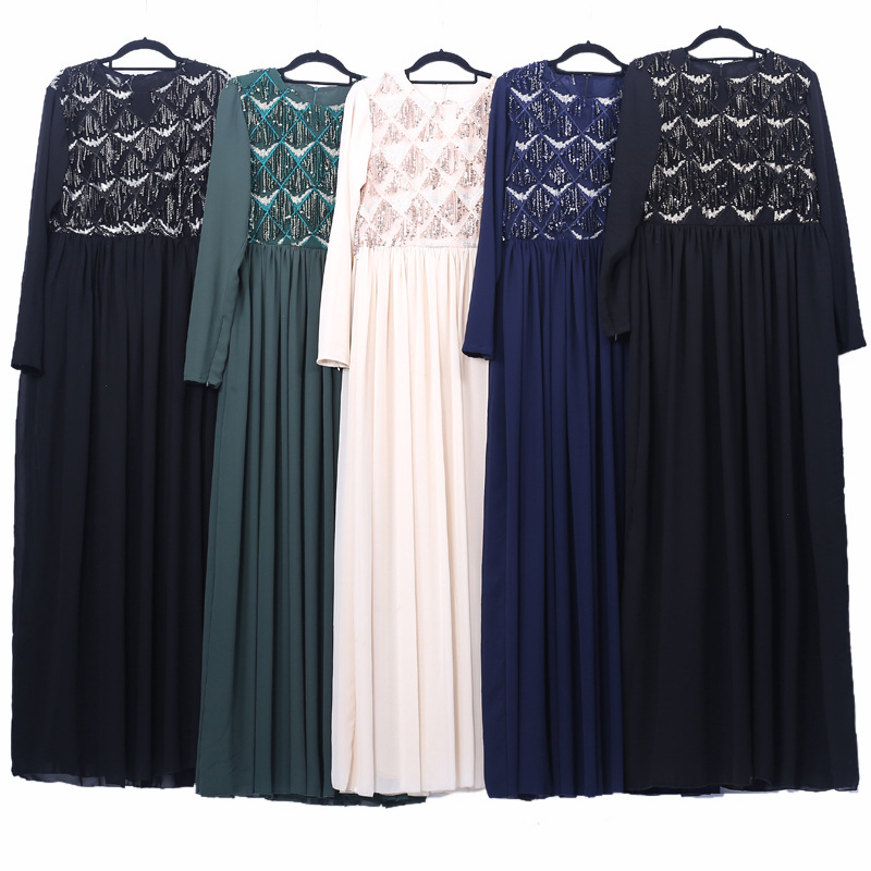 New Ins Sequined Gauze Skirt Dubai Muslim Women's Stitching Robe Chiffon Summer Long-sleeved Robe
