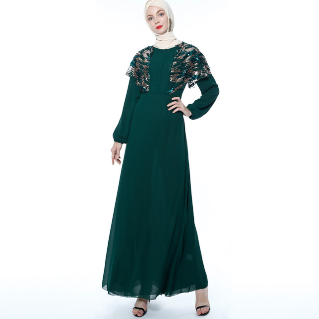 Fashion Sequin Stitching Long Skirt INS Muslim Zipper Lace Chiffon Dress Cross-border Spot
