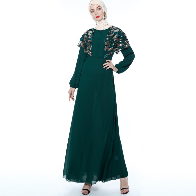 Fashion Sequin Stitching Long Skirt INS Muslim Zipper Lace Chiffon Dress Cross-border Spot