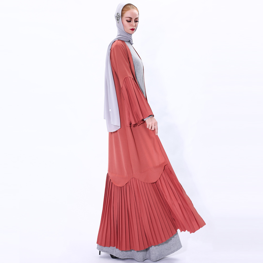European And American Spring And Summer New Dresses Pleated Flared Sleeves Stitching Muslim Women's Lace-up Outer Wear Kimono