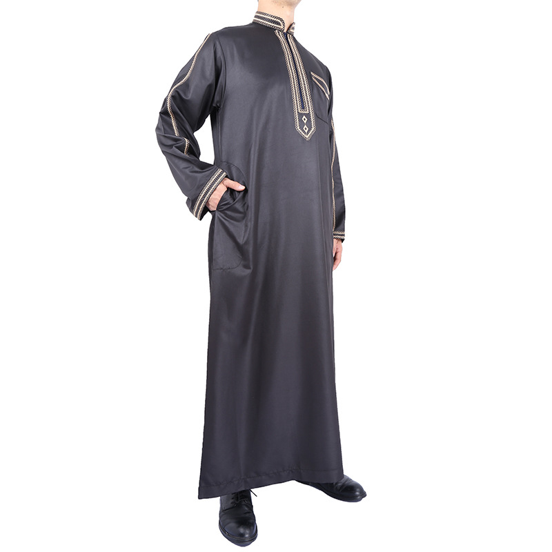 Wholesale Islamic Arabic Men's Robe Muslim Middle East Qatar Stand Collar Thobe