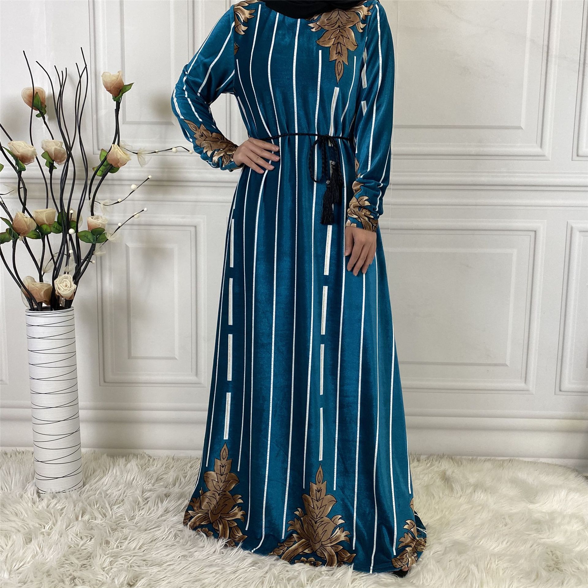 2022 AliExpress Amazon Middle East Fashion Women's Fall/Winter High Quality Gold Velvet Printed Long Sleeve Dress