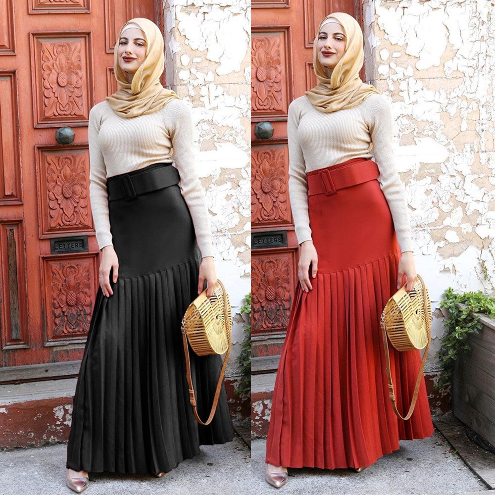 2022 Pleated Modest Muslim Lady New Design Color Fashion Sheath Dress Ins Long Button Skirt