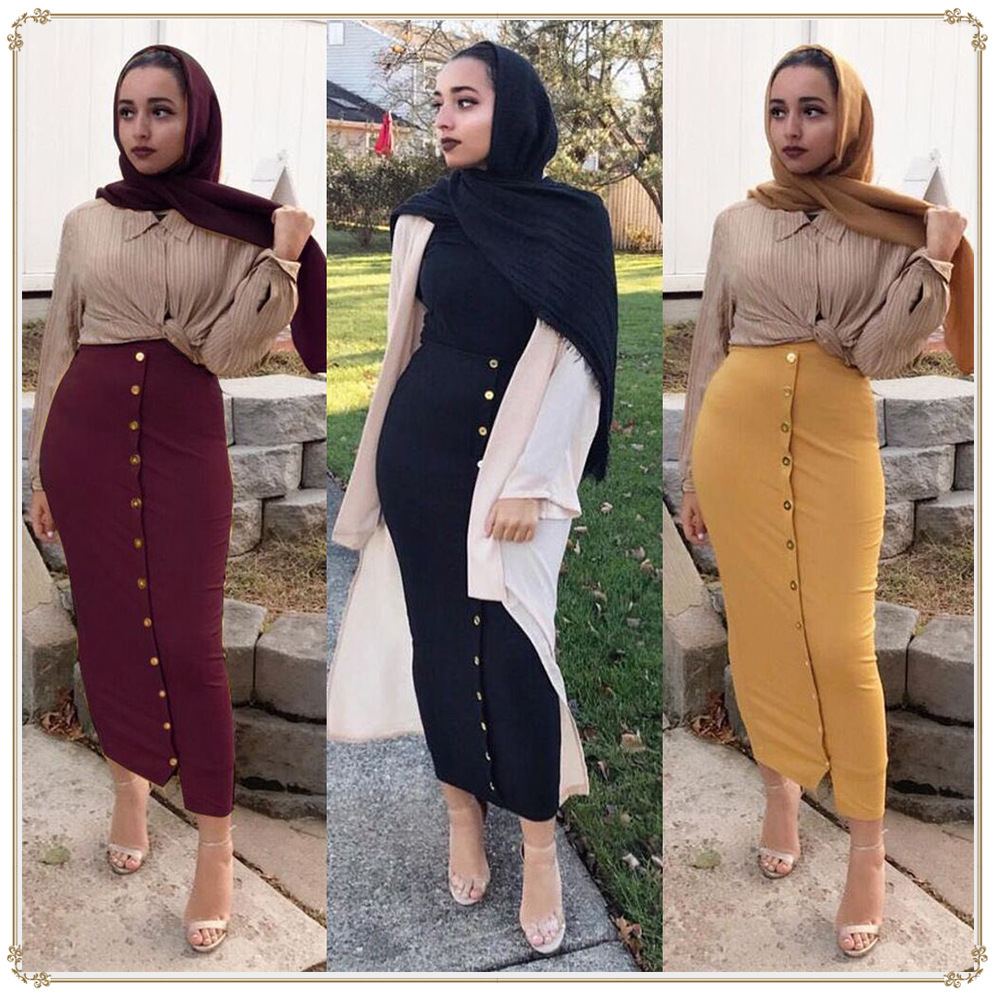 2022 Cotton Black Arabic Middle East Fashion Modest Ins Long Button Skirt