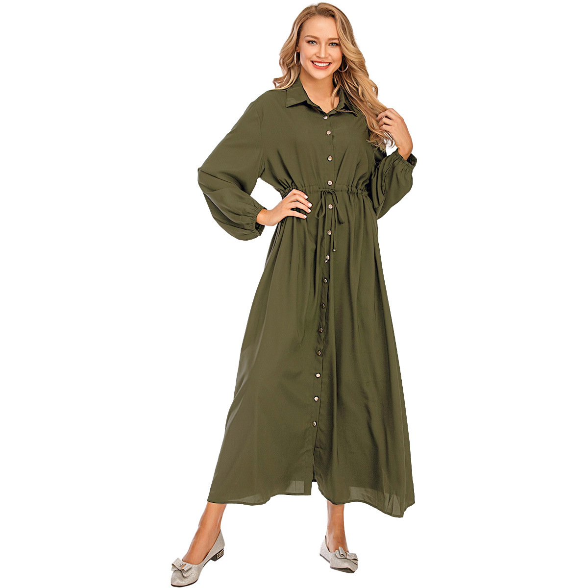 New Fashion Muslim Lapel Solid Color Full Button Slim Dress Long Skirt