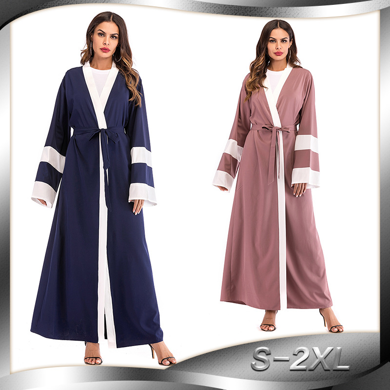 European And American Muslim Robe Hot Sale Stitching Striped Long Skirt Women with Turban Middle Eastern Arab Cardigan