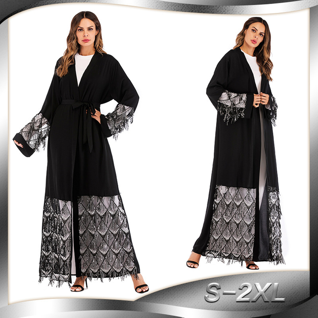 European And American Fashion Muslim Robe Nida Nida Mesh Sequin Stitching Loose Lace Long-sleeved Cardigan
