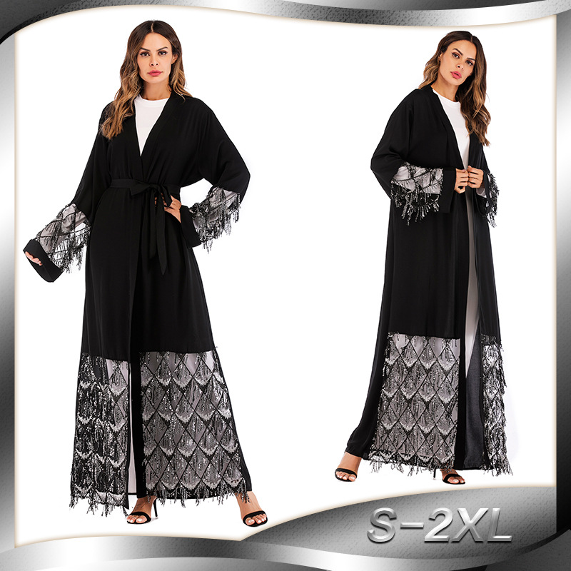 European And American Fashion Muslim Robe Nida Nida Mesh Sequin Stitching Loose Lace Long-sleeved Cardigan