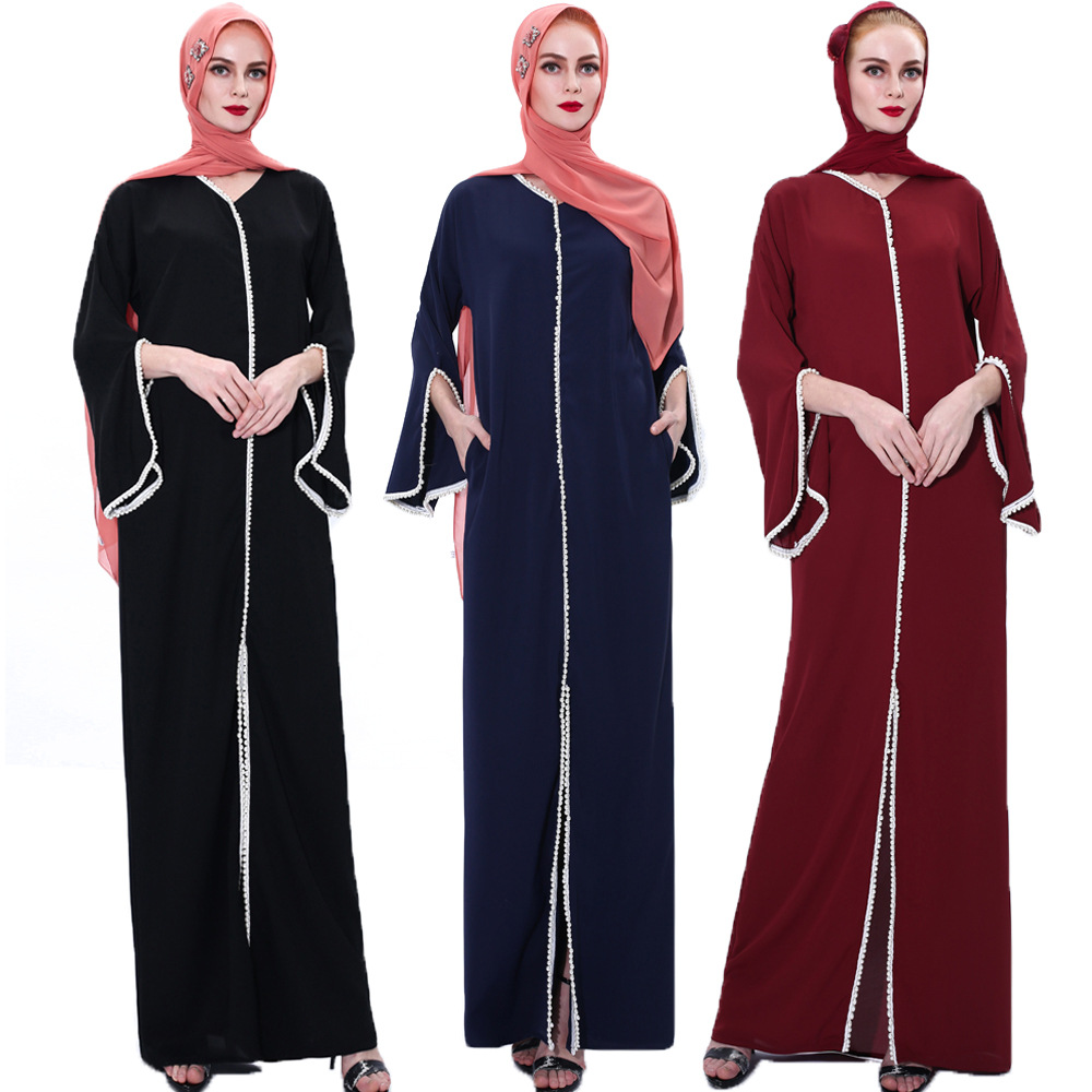 Summer New Style Elegant Pearl Long Skirt Muslim Female Trumpet Sleeve Dress Abaya Cross-border Spot