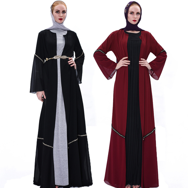 Simple and fashionable summer long-sleeved cardigan with Muslim women's gold belt Open Abaya cross-border issue