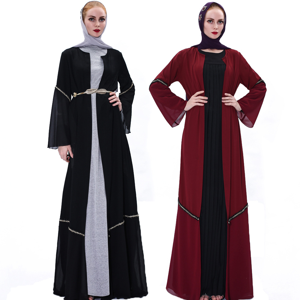 Simple and fashionable summer long-sleeved cardigan with Muslim women's gold belt Open Abaya cross-border issue