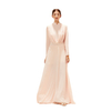 2022 Summer Elegant Double Layer Thick Chiffon Pink Stand Collar Waist Folded Muslim Dress