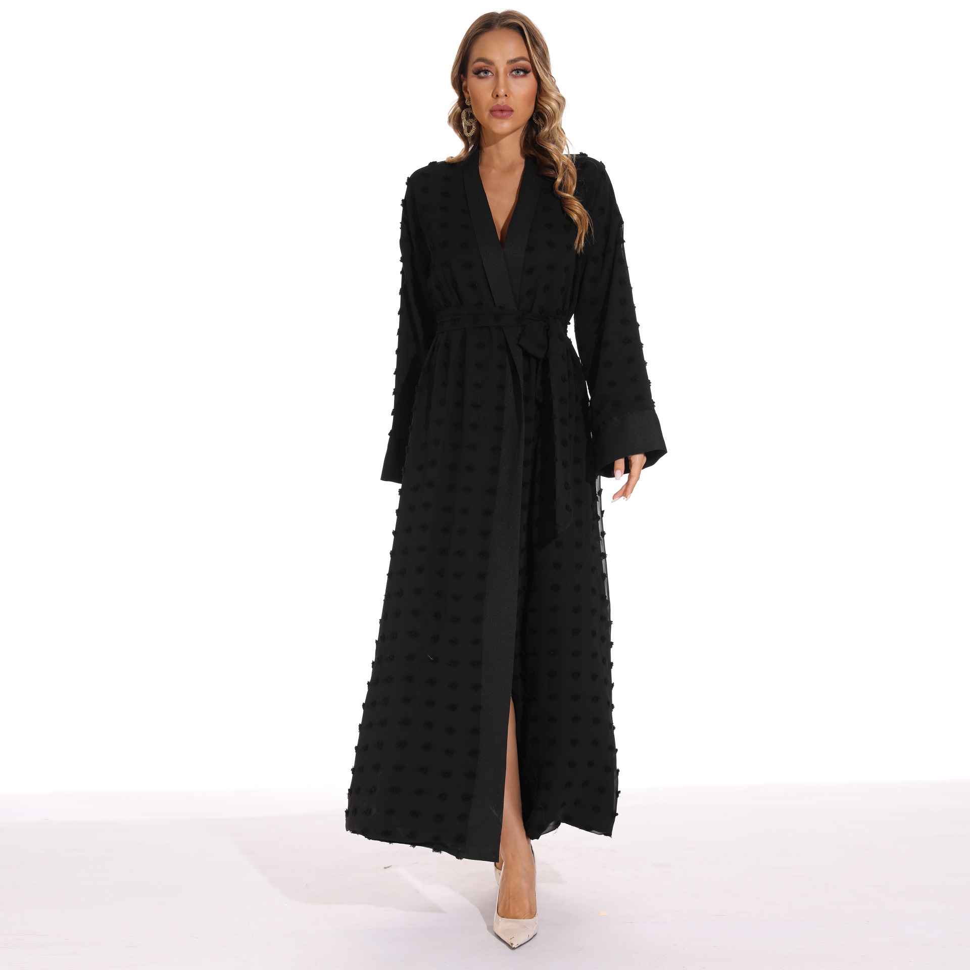 2022 Arab Middle East Black Long-sleeved Polka-dot Double-layer Fabric Elegant And Simple Robe