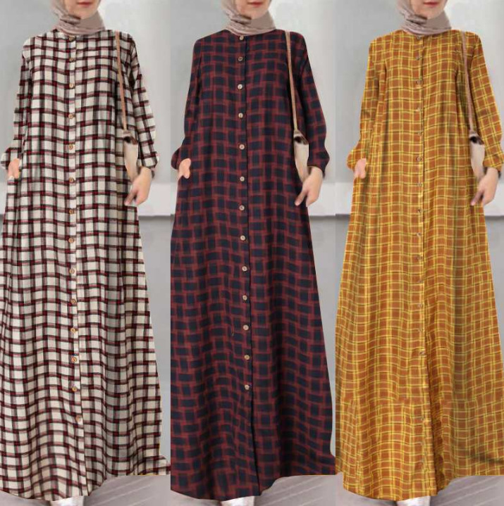 2022 Muslim Ethnic Clothing Muslim Long Skirt Plus Size Women's Long-sleeved Loose Plaid Long Dress