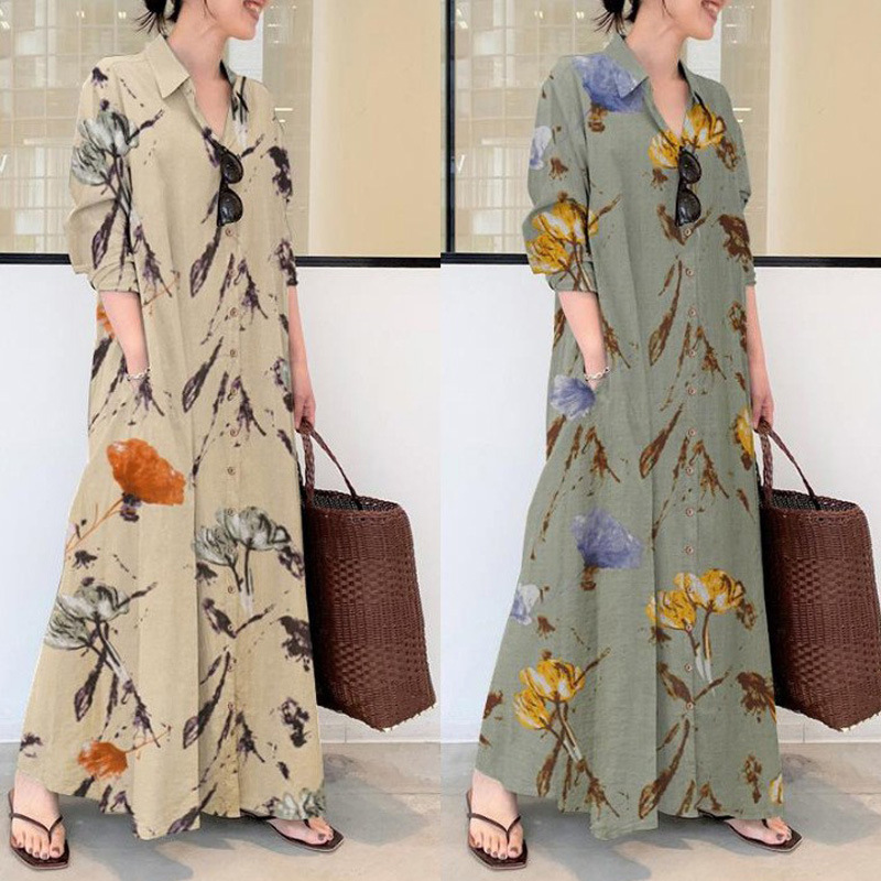 2022 European And American Style Cotton And Hemp Color Lapel Long-sleeved Long-sleeved Pocket Simple Loose Casual Long Cardigan Dress