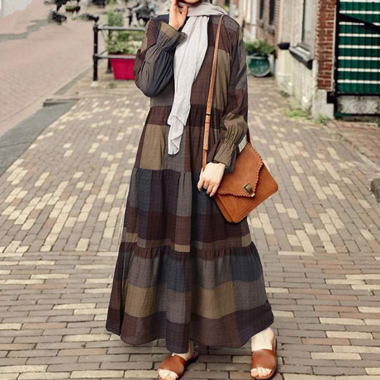 2022 Muslim Spring Cotton And Linen Literary Retro Dark Grid Loose Big Swing Long Sleeve Dress